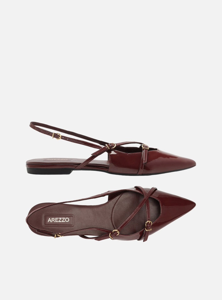 Sapatilha Bordô Verniz Slingback Tiras Fivelas