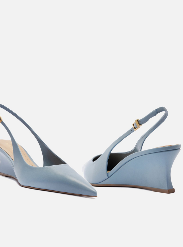 Scarpin Azul Couro Salto Baixo Anabela Slingback