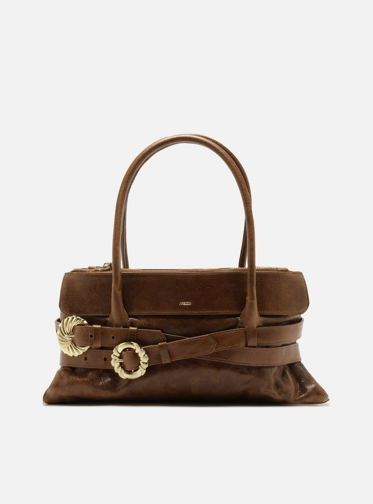 Bolsa Shoulder Marrom Couro Grande Fivelas Douradas