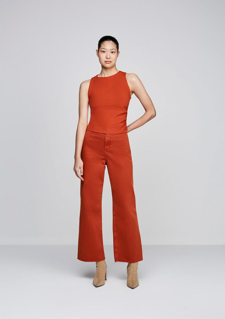 Calça Laranja DZARM Em Sarja Wide Leg Slim Cintura Alta