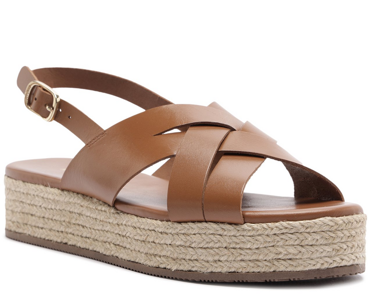 Sandália Plataforma Tiras Entrelaçadas Couro Marrom