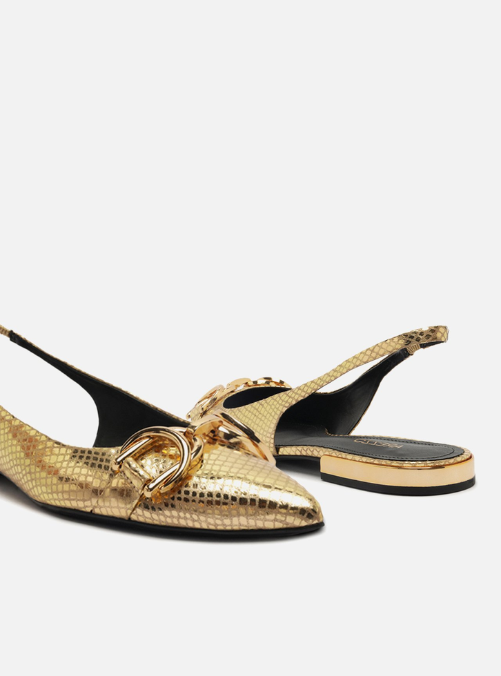 Sapatilha Dourada Arezzo Snake Bico Fino Slingback Bridão