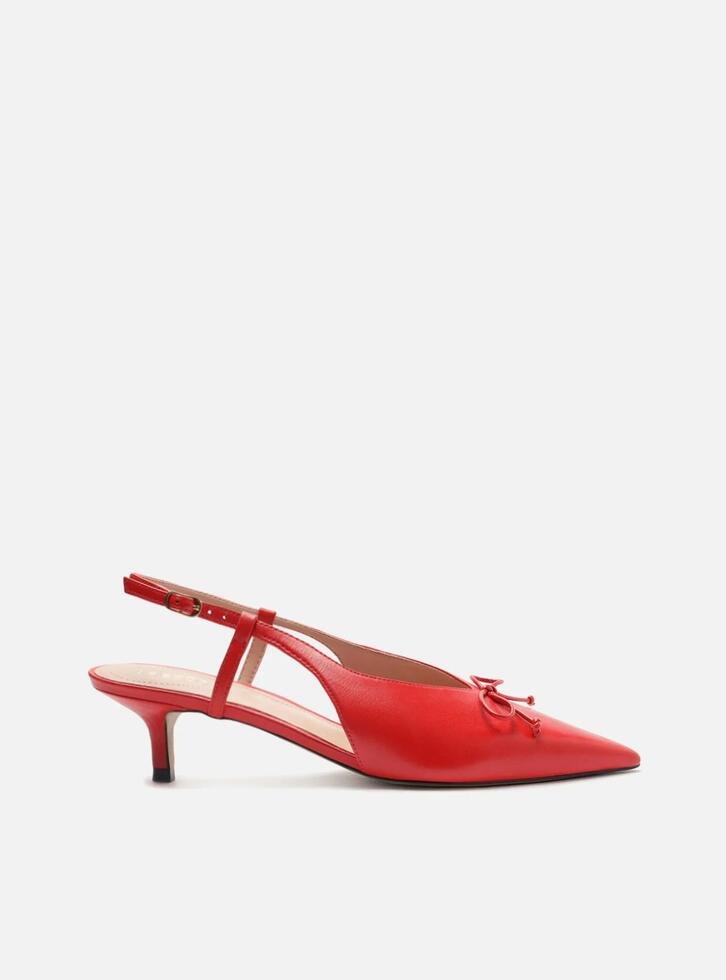Scarpin Vermelho Couro Bico Fino Slingback Laço