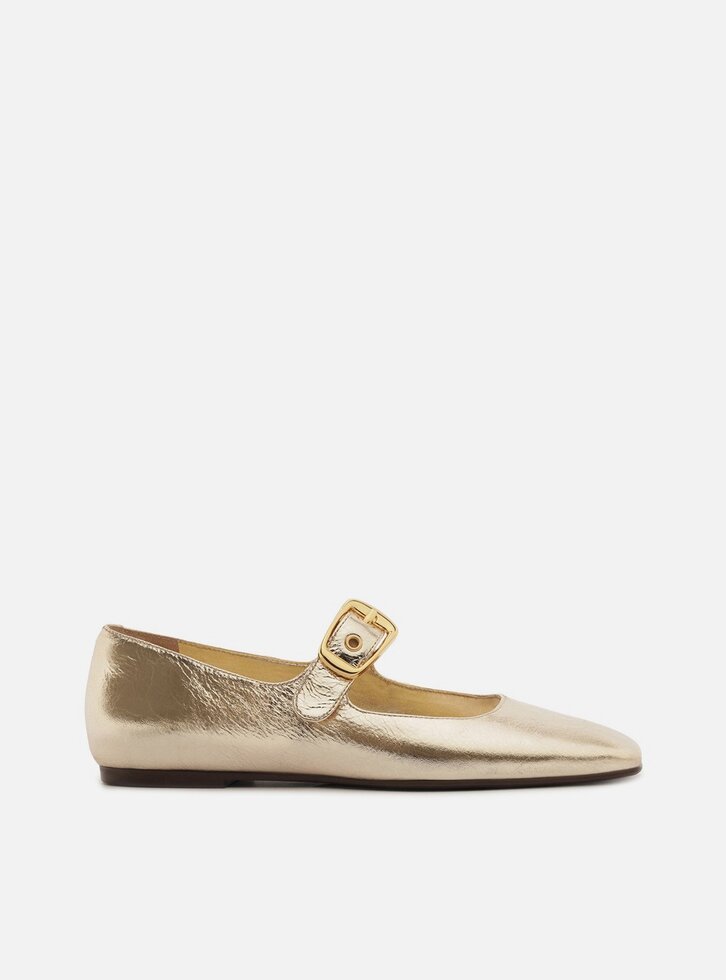 SNIDEL - BKT Sapatilha Dourada Couro Bico Quadrado Fivela | ZZ MALL
