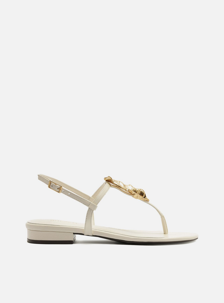 Sandália Rasteira Branca Couro Slim Folha Metal