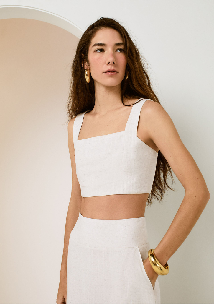 Top Cropped Off White DZARM Decote Reto Em Viscose Com Linho