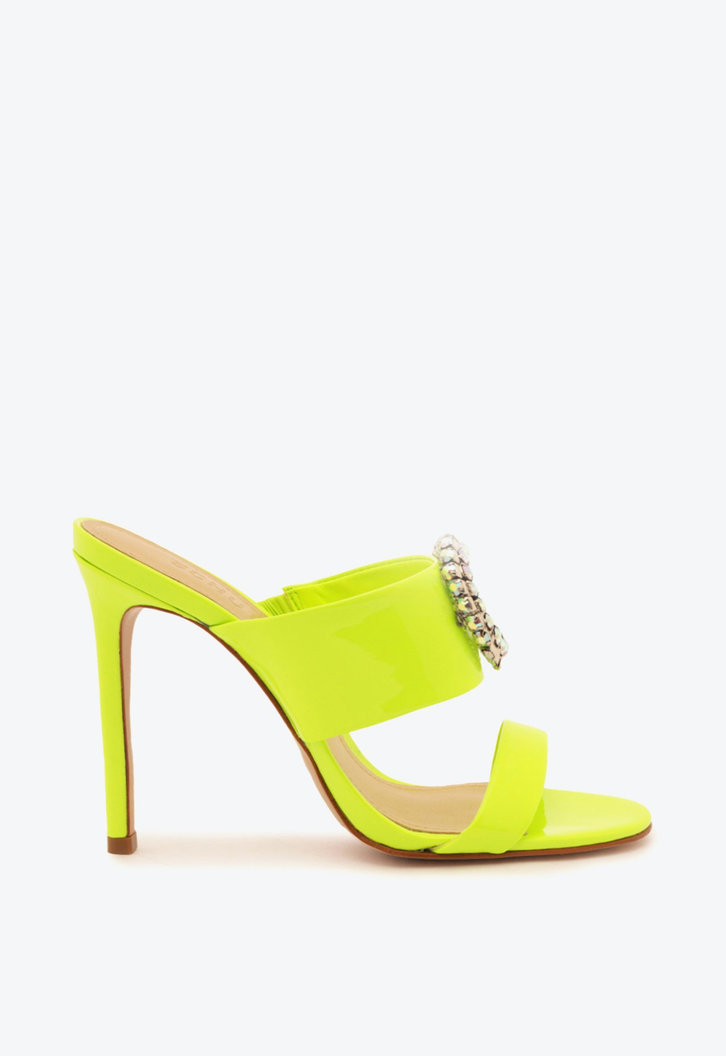 Sandália Mule Salto Alto Fino Verniz Verde Neon