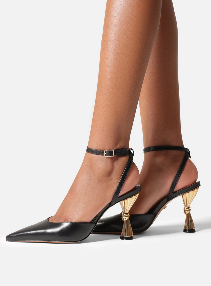 Scarpin Preto Couro Salto Geométrico Slingback