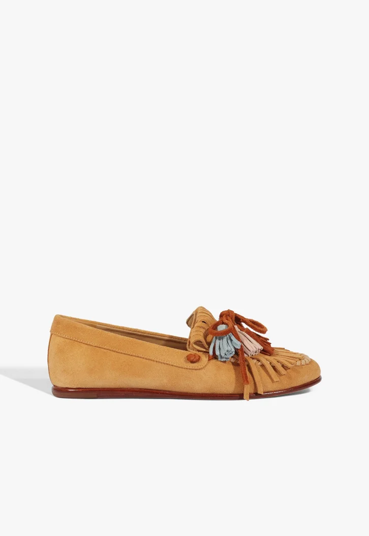 Mocassim Alina Camurça Franjas Marrom Claro