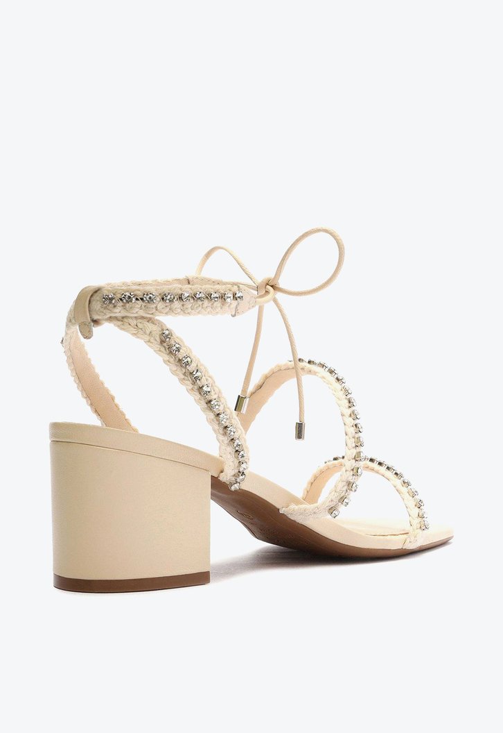 Sandália Off-White Arezzo Salto Médio Bloco Strass Mykonos