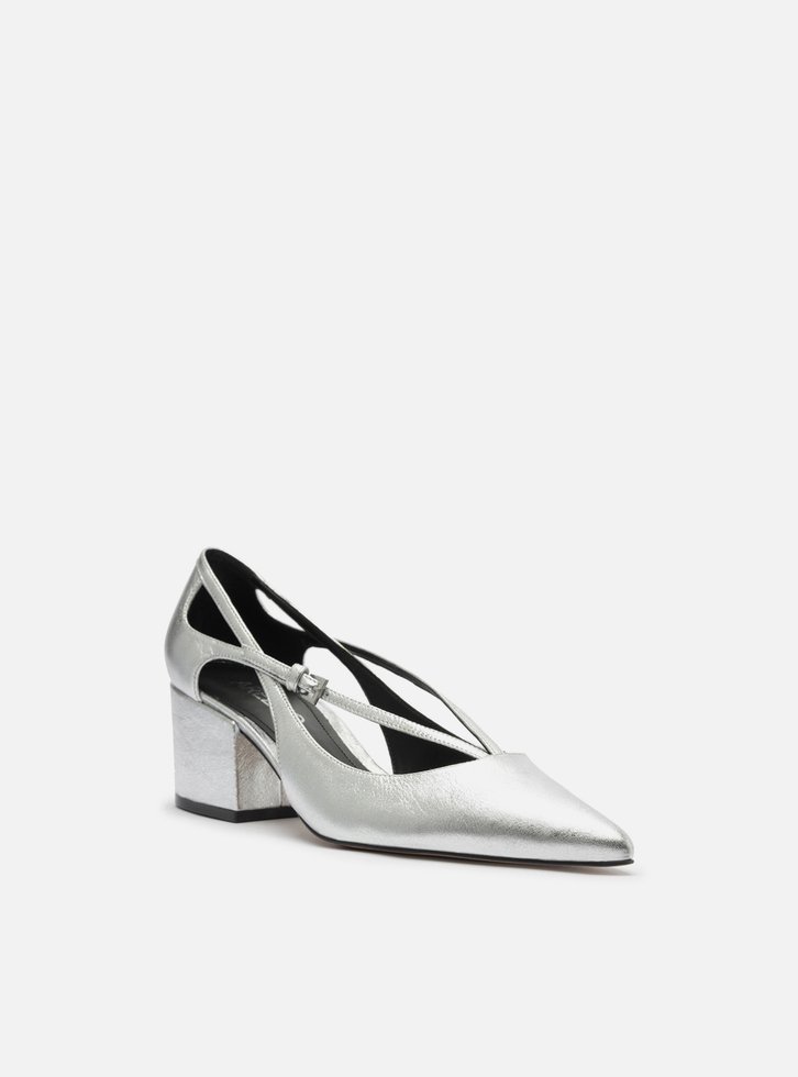 Scarpin Prateado Couro Bloco Semi Aberto Tiras