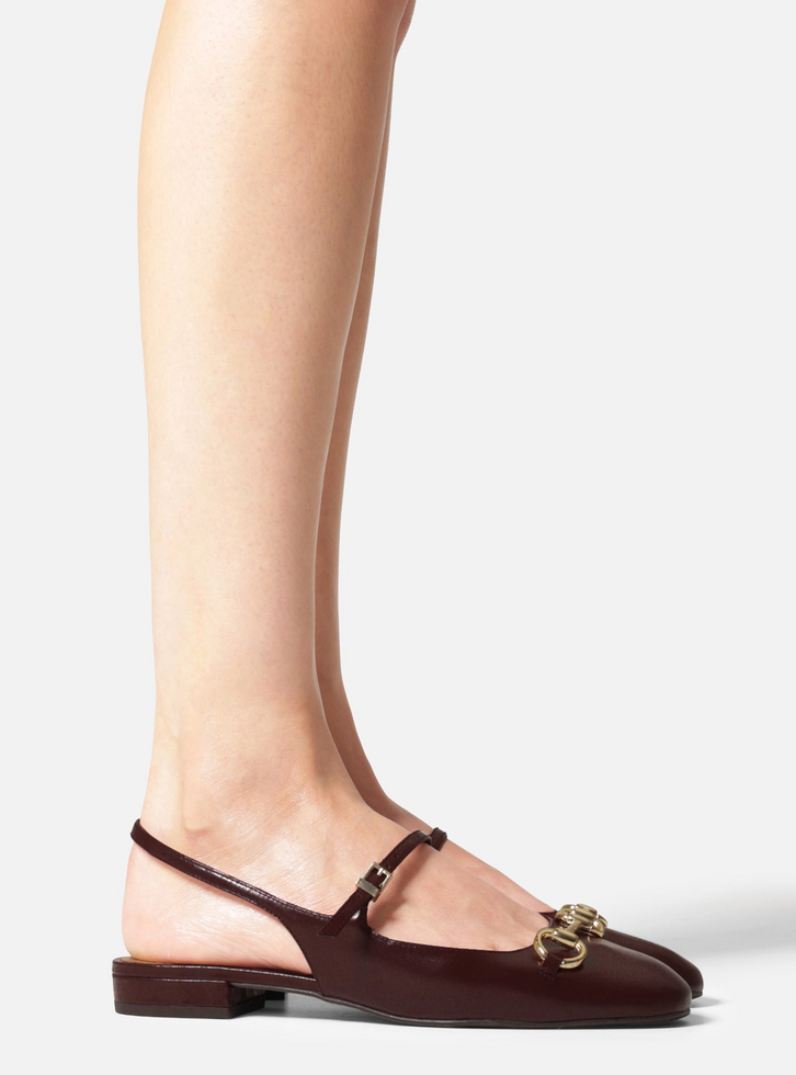 Sapatilha Vermelha Couro Bico Redondo Bridão Slingback