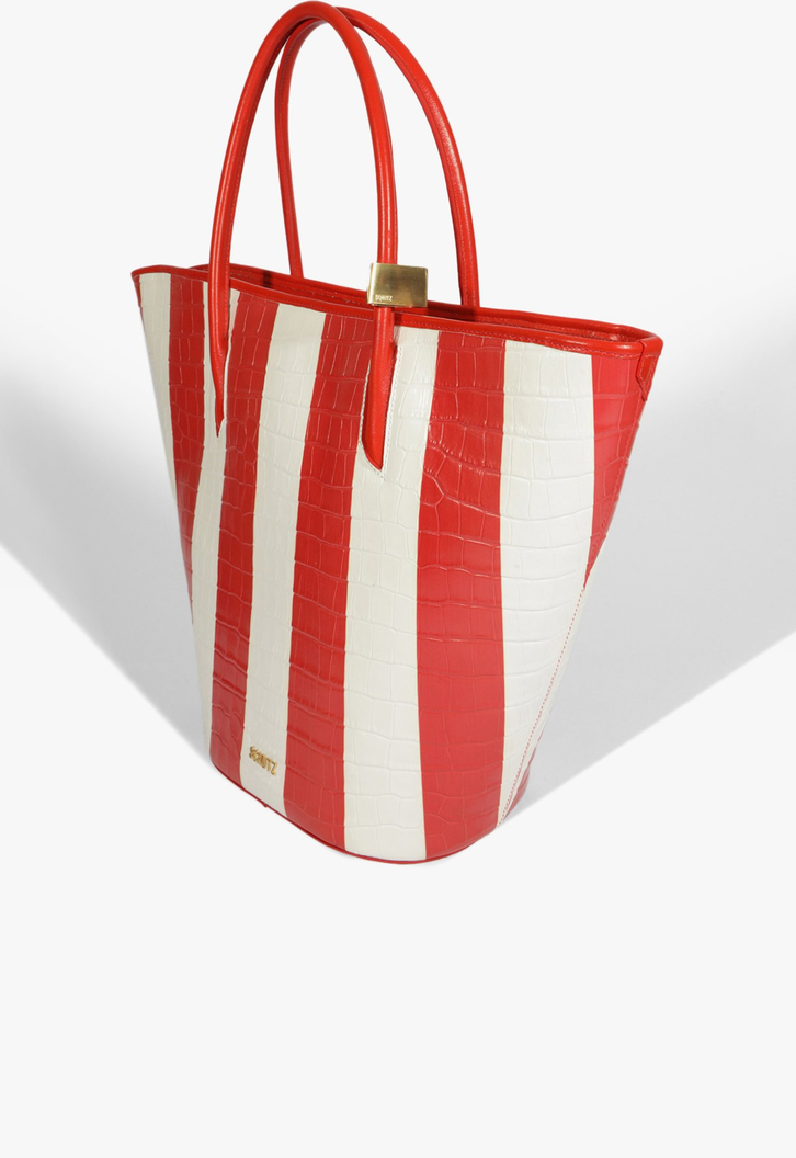 Bolsa Bucket Cayla Stripes Couro Croco Vermelha e Branca