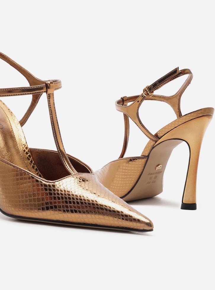 Scarpin Dourado Snake Salto Alto Aberto Telma