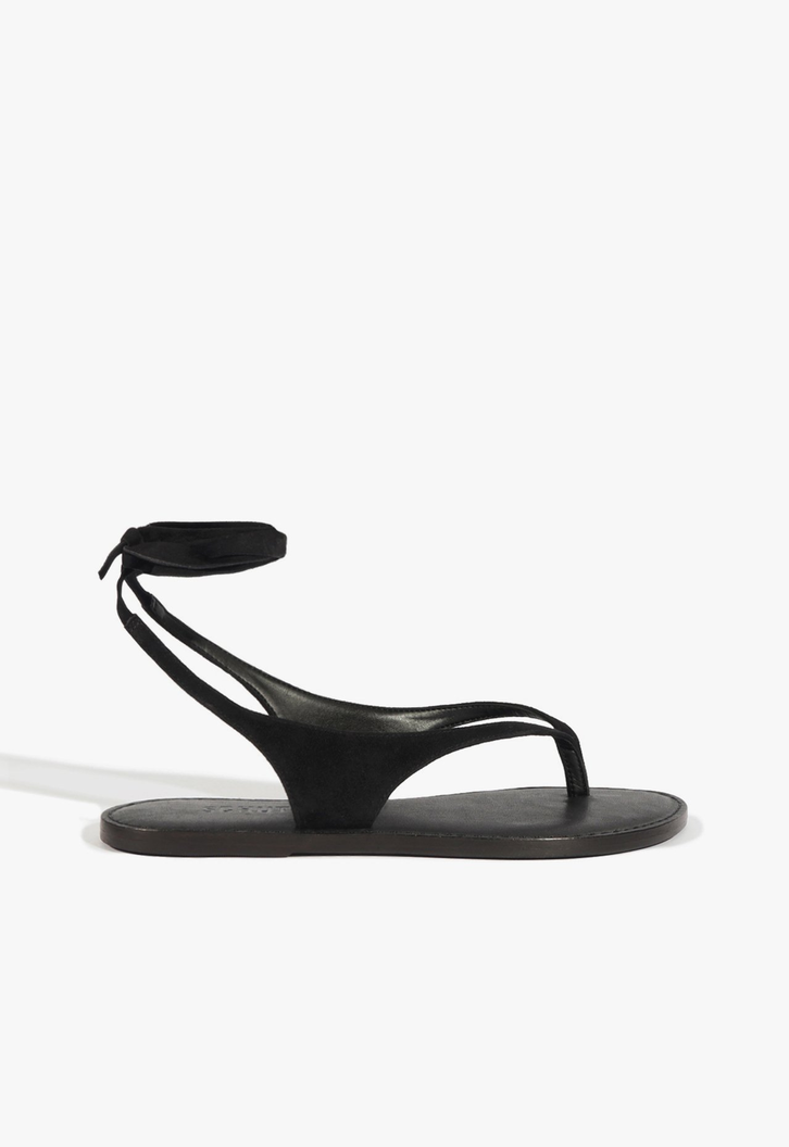 Sandália Rasteira Couro Amarração Preta