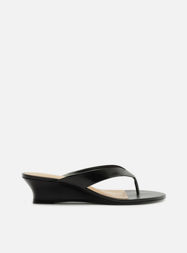 Tamanco Preto Couro Salto Anabela Flip Flop