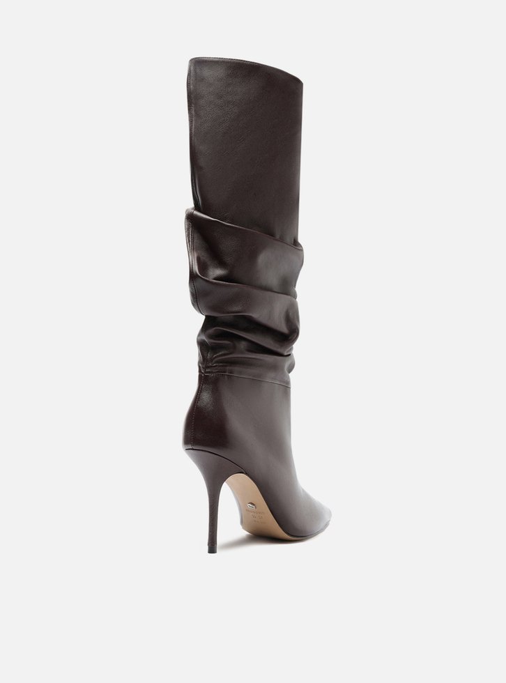 Bota Marrom Couro Cano Longo Salto Alto Slouch