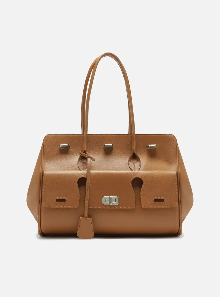 Bolsa Shopping Marrom Couro Grande Bolso Recortes