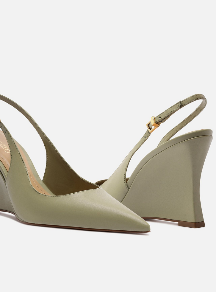 Scarpin Verde Oliva Couro Salto Alto Anabela Slingback