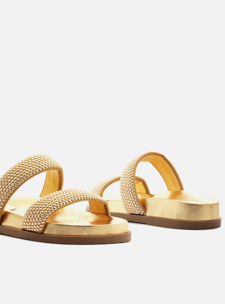 Sandália Papete Dourada Tiras Strass