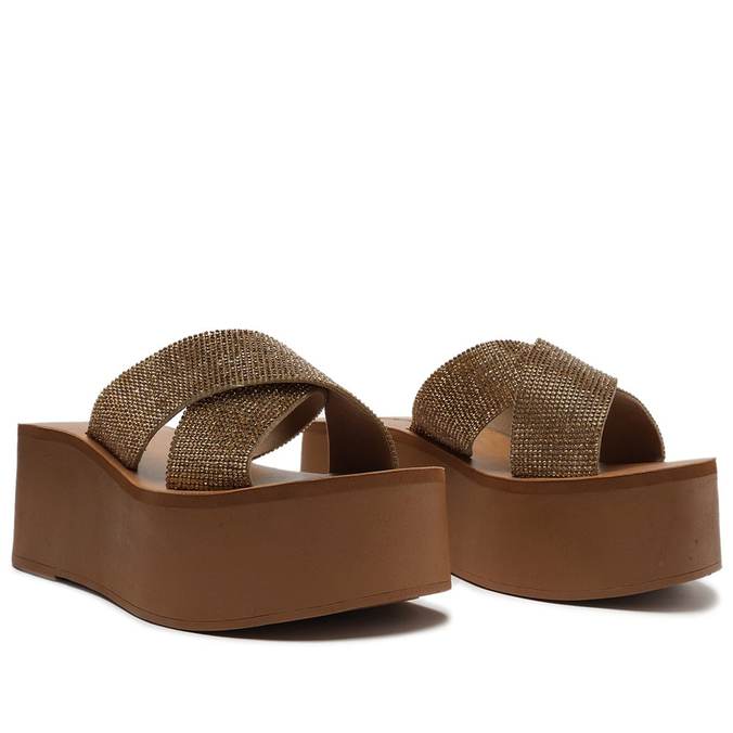 Sandália Flatform Marrom Íris Tiras Cruzadas Brilho Dourado Glam