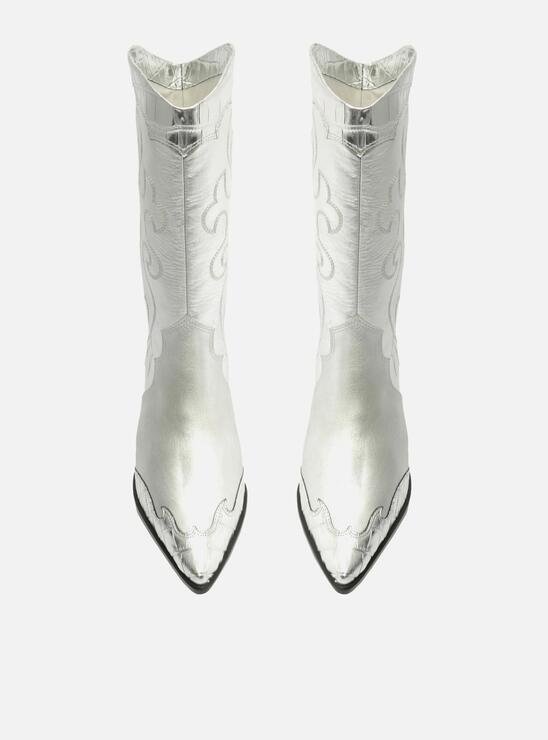 Bota Prateada Couro Cano Médio Bordado Western