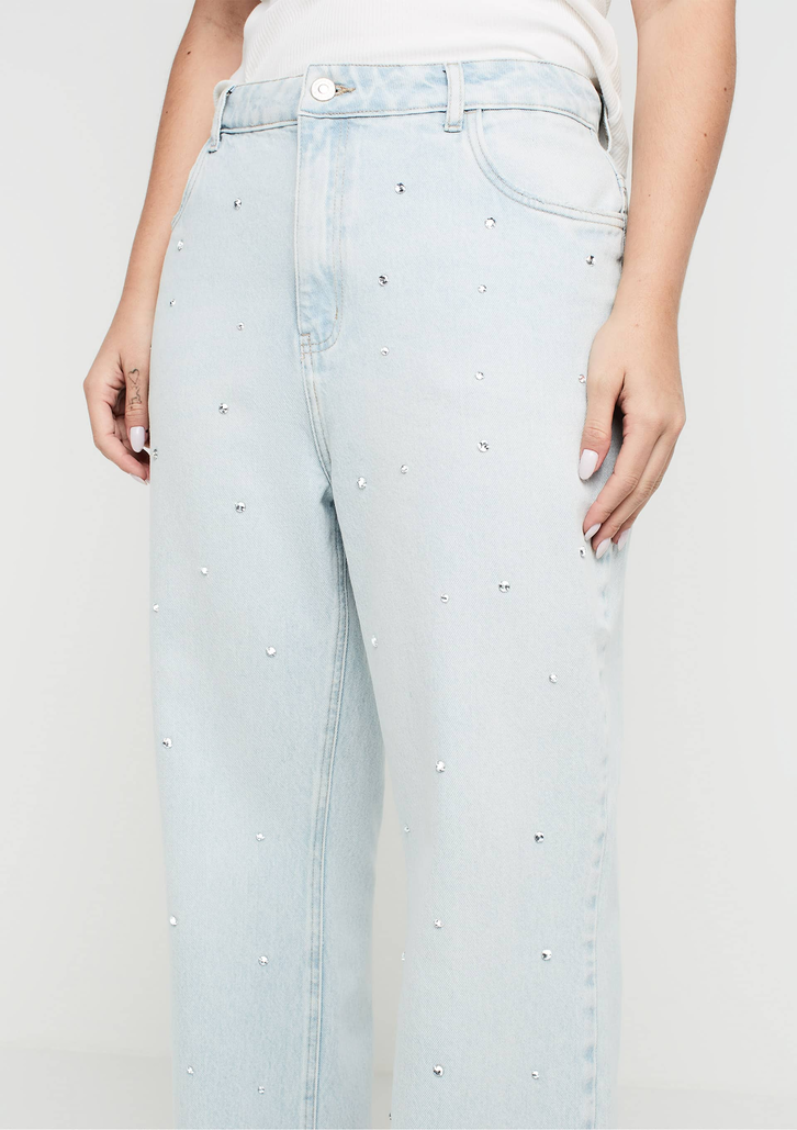 Calça Jeans Azul DZARM Reta Cintura Alta Com Brilhos