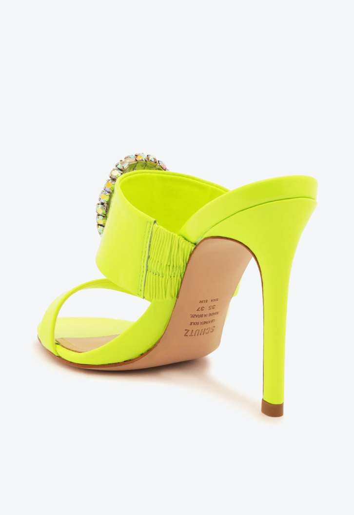 Sandália Mule Salto Alto Fino Verniz Verde Neon