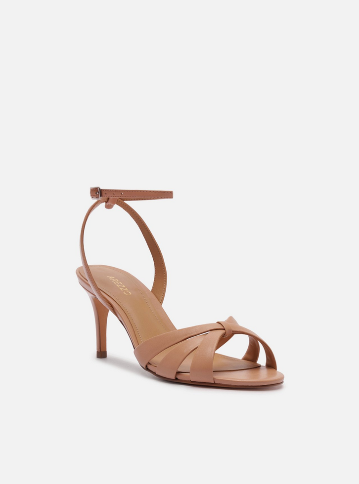 Sandália Rosa Couro Salto Médio Tiras Finas