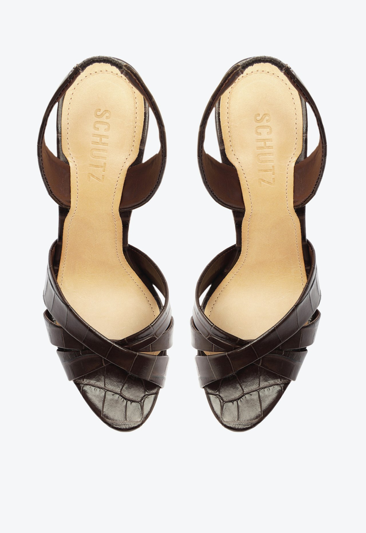 Sandália Preta Schutz Salto Alto Keefa Sling Couro Croco | ZZ MALL