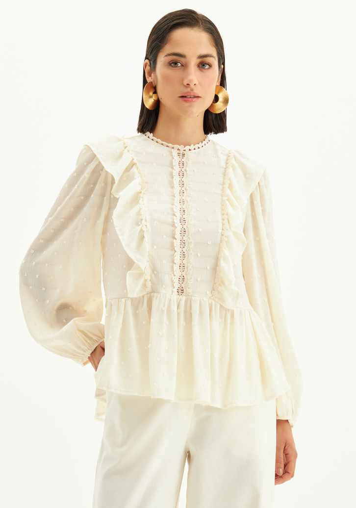 Blusa Branca Lança Perfume Com Babados Manga Longa