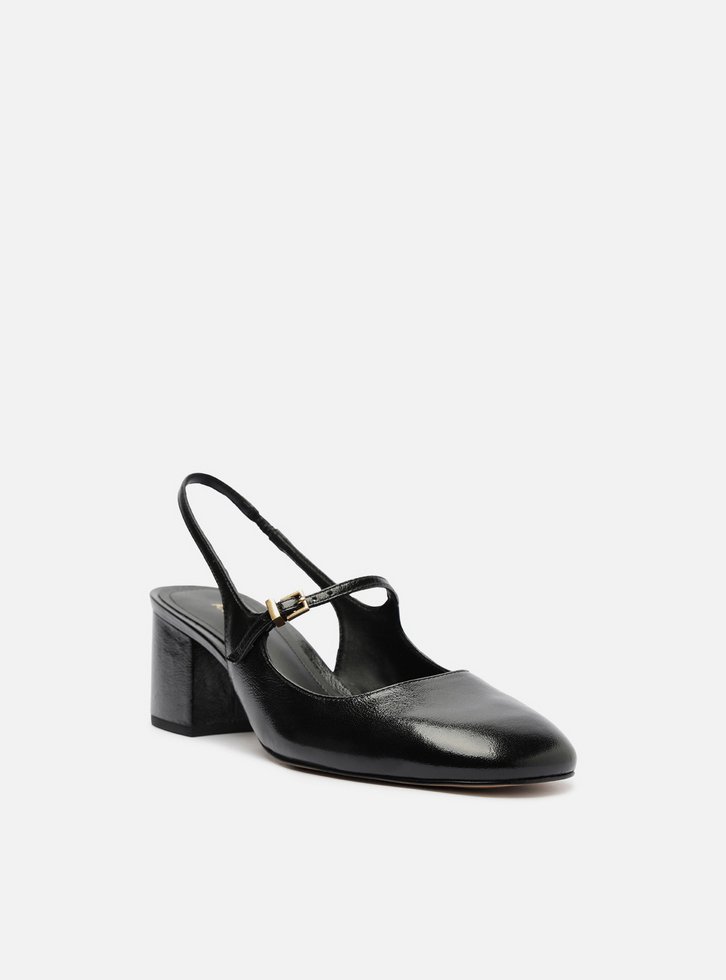 Sapato Boneca Preto Couro Bloco Slingback Classic