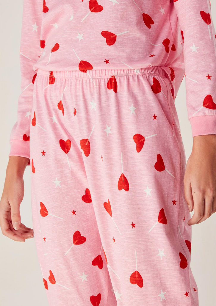Pijama Rosa Médio Hering Longo Estampado Em Malha Flamê