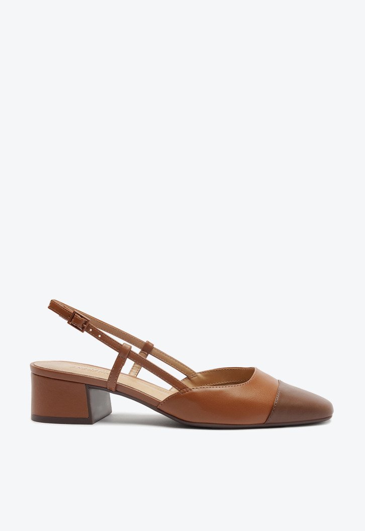 Scarpin Slingback Salto Bloco Bicolor Marrom