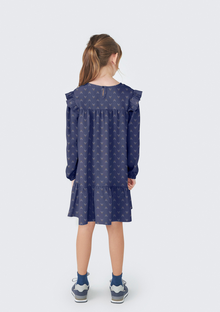 Vestido Azul Hering Infantil Mangas 7/8 Com Babados