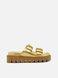 Sandália Flatform Metalizada Arezzo Couro Tratorada