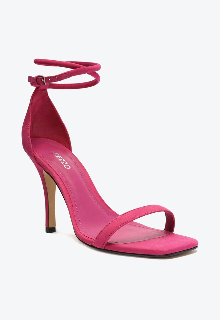 Sandália Rosa Arezzo Nobuck Salto Alto Bico Quadrado