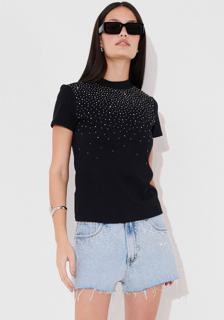 T-Shirt Preto My Favorite Things Baby Look com Strass