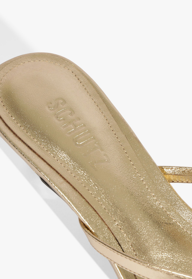 Sandália Mule Tiras Salto Baixo Couro Dourado