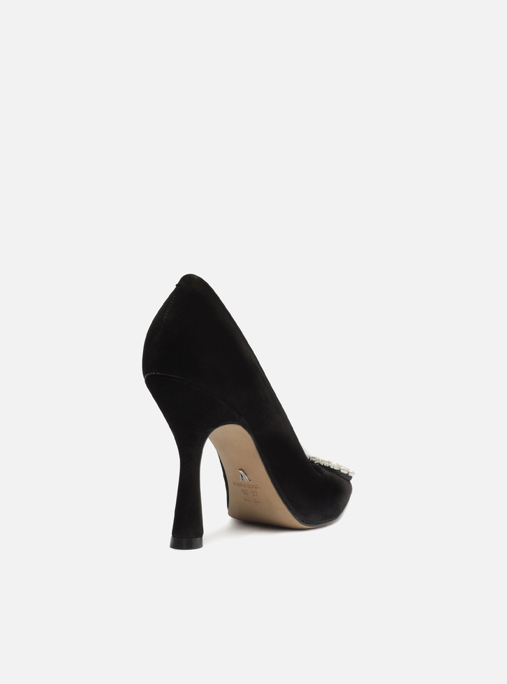 Scarpin Preto Nobuck Bico Fino Pedraria