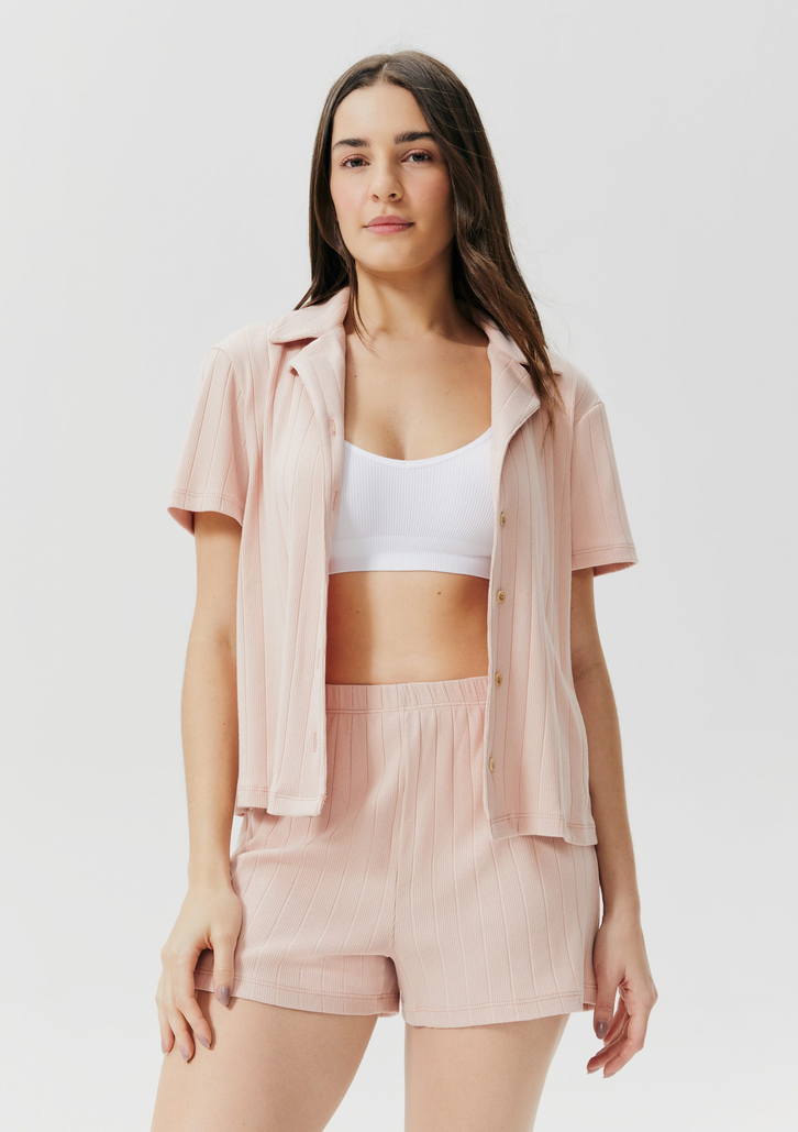 Pijama Curto Rosa Hering Feminino Canelado Gola Resort