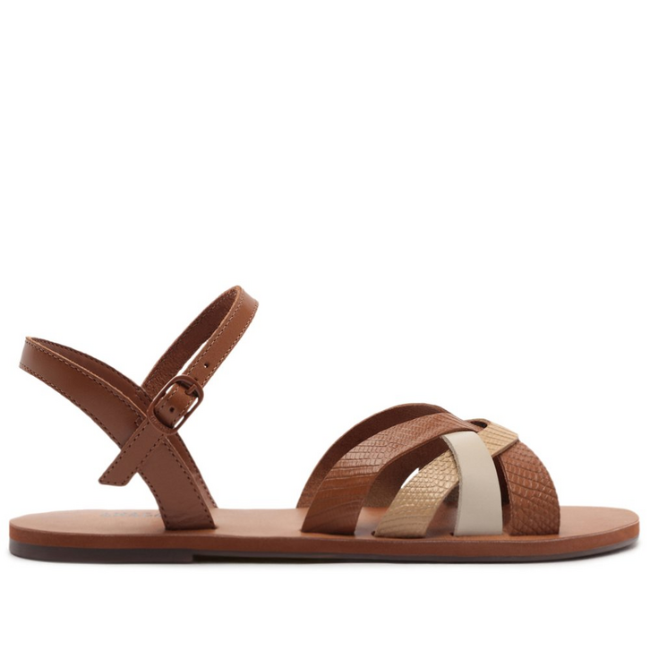 Sandália Rasteira Tiras Cruzadas Couro Marrom