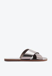 Rasteira Tiras Cruzadas Couro Prateada