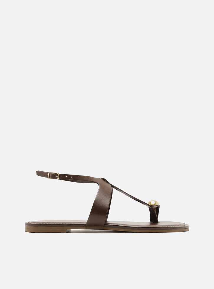 Sandália Rasteira Marrom Couro Dedeira Metal