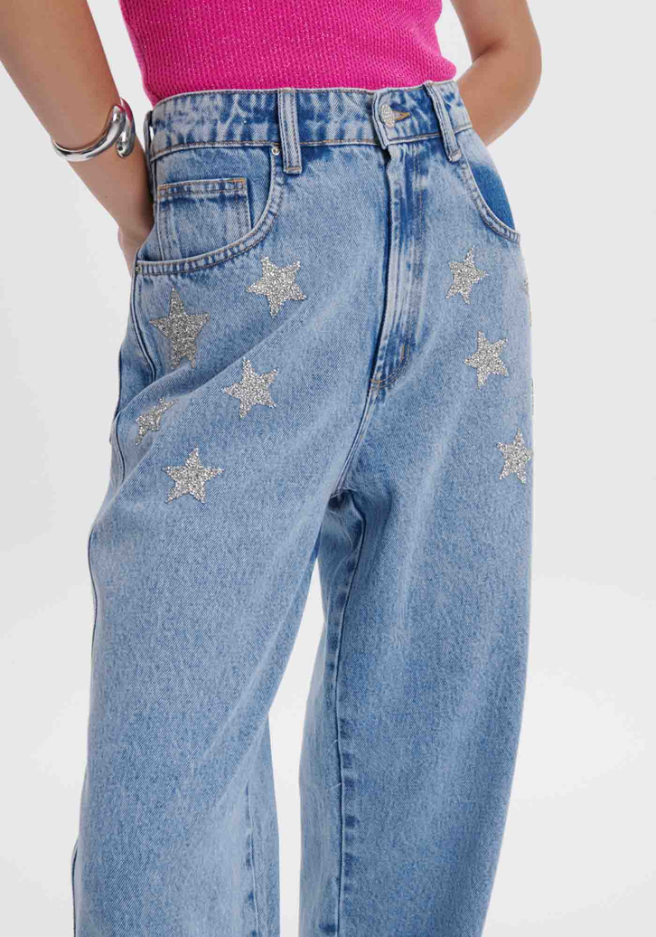 Calça Jeans Azul My Favorite Things Wide Leg com Estrelas