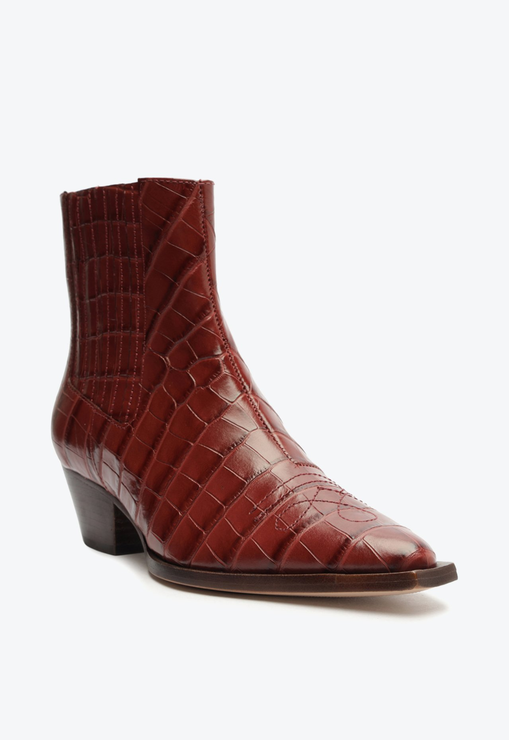 Bota Western Briani Salto Bloco Baixo Couro Croco Marrom