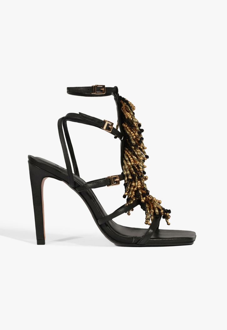 Sandália Salto Alto Couro Miçangas Preta