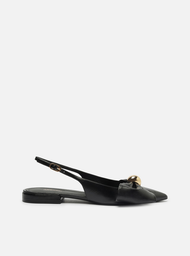 Sapatilha Preta Couro Slingback Laço Metal