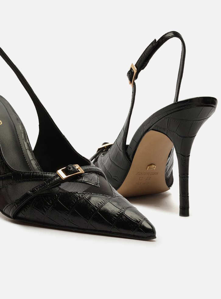 Scarpin Preto Croco Salto Alto Slingback Tela
