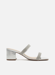 Mule Prata Arezzo Salto Bloco Tira Brilho